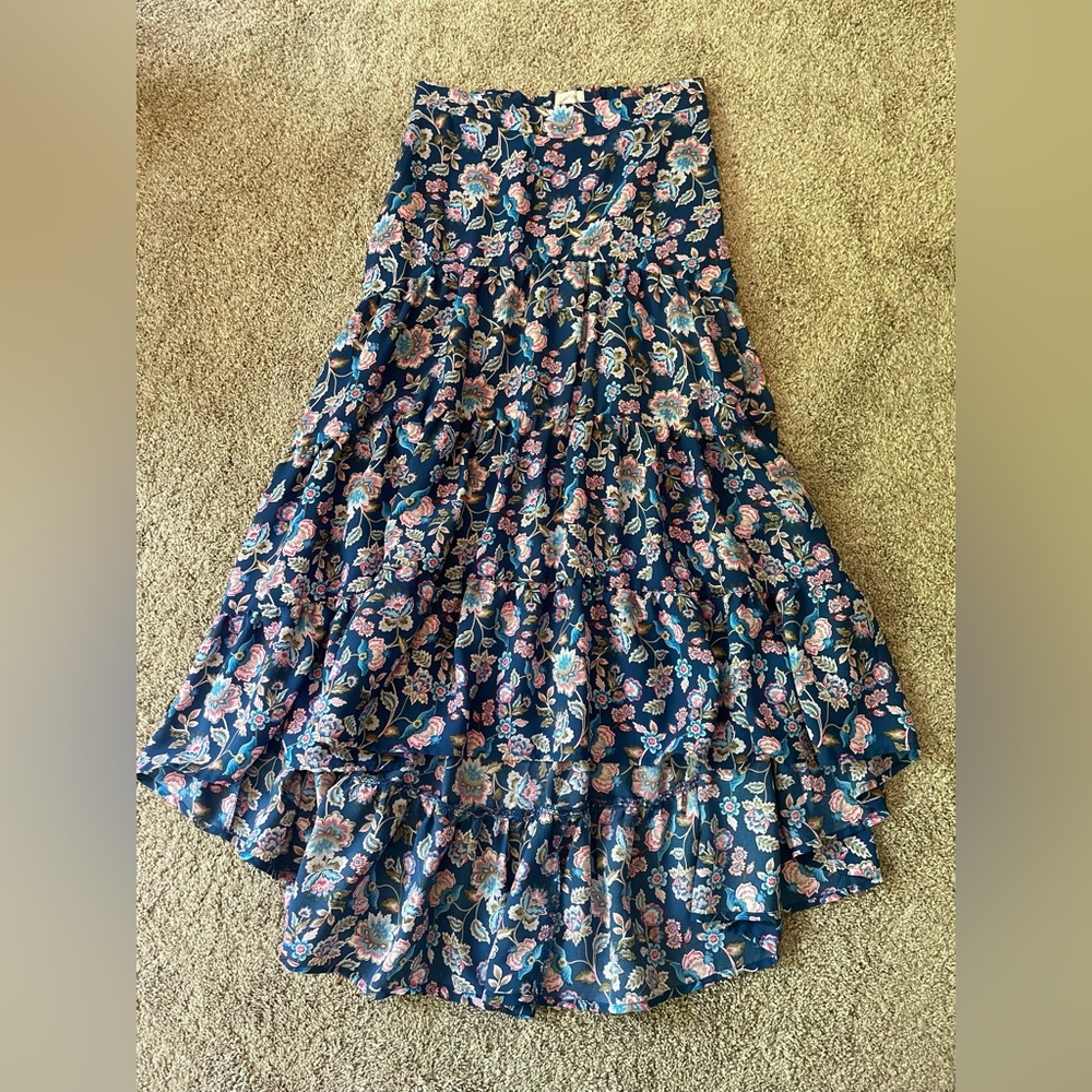Blue Rain - Long floral tiered high low hem skirt. Size small